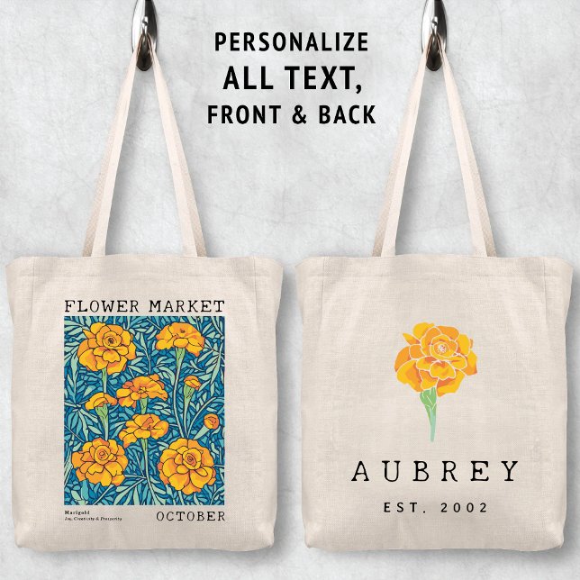 Marigold Floral Oktober Geburtsname Blume Tragetasche (Personalized October Birth Flower Market Tote Bag, Custom Name Bag, Bachelorette Bridesmaid Gifts )