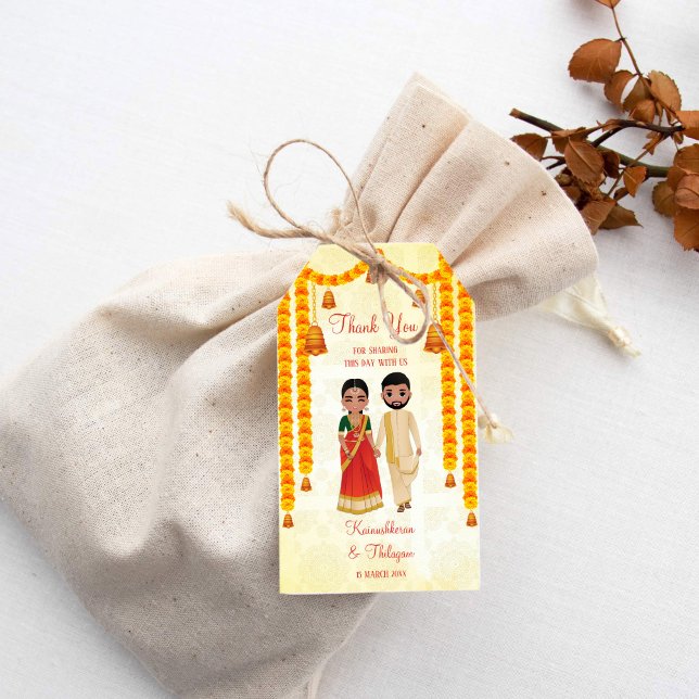 Marigold Garlands Glocken mit Tamil Telugu Hochzei Geschenkanhänger (Tamil wedding quirky wedding favor gift tags cute Tamil bridal couple marigolds favor tags)