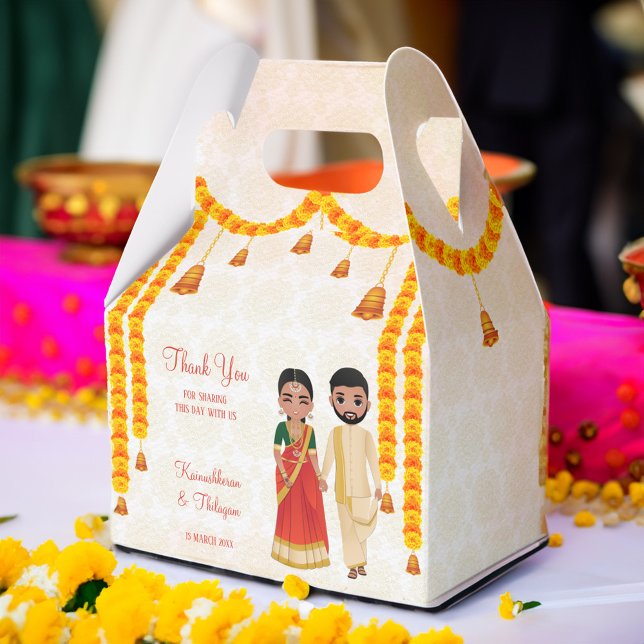Marigold Garlands Glocken mit Tamil Telugu Hochzei Geschenkschachtel (Tamil South Indian wedding favor gift boxes marigold garlands cute Tamil bridal couple cartoon box)