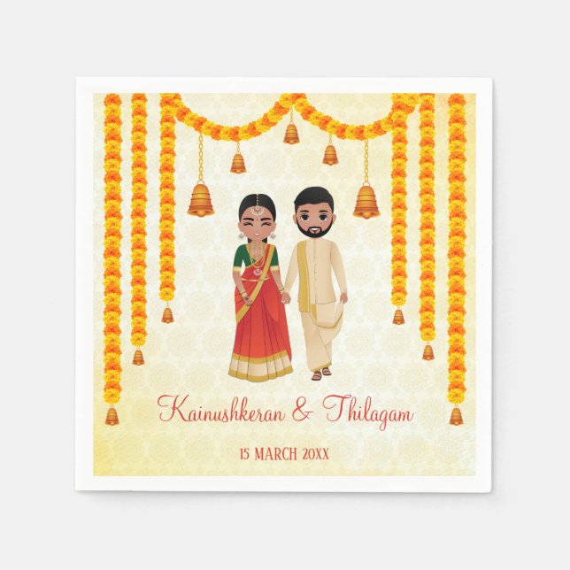 Marigold Garlands Glocken mit Tamil Telugu Hochzei Serviette (Vorderseite)