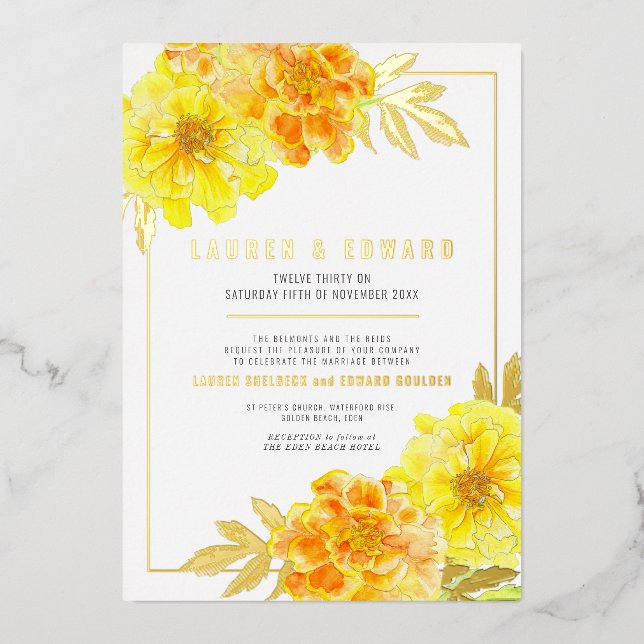 Marigold-Gelb-Orange-Goldfarbenhochzeit Folieneinladung (Vorderseite)