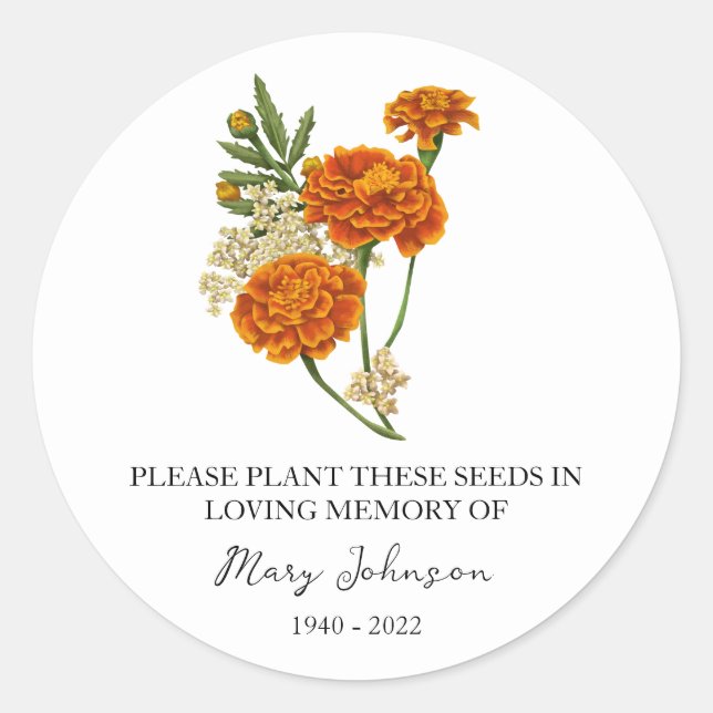 Marigold Memorial Beerdigung Seed Packet Runder Aufkleber (Vorderseite)