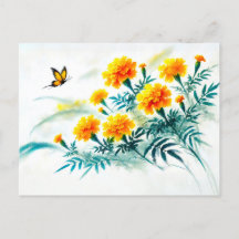 Marigold mit Monarch Butterfly Asian Tinte bemalt