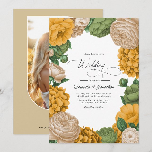 Marigold, Olive & Warm Cream Floral Wedding Einladung (Vorne/Hinten)