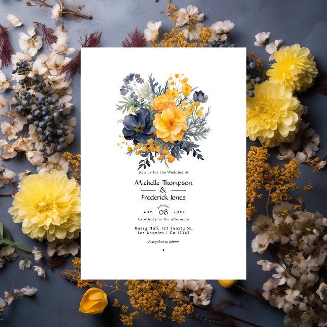 Marigold Yellow, Navy Blue und Slate Gray Wedding Einladung (Von Creator hochgeladen)