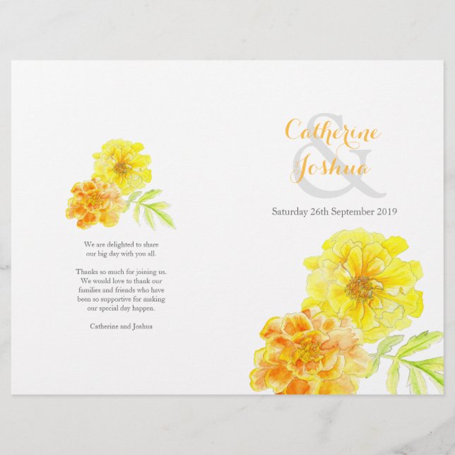 Marigolds Aquarellgelb Große Hochzeitsprogramm (Vorderseite)