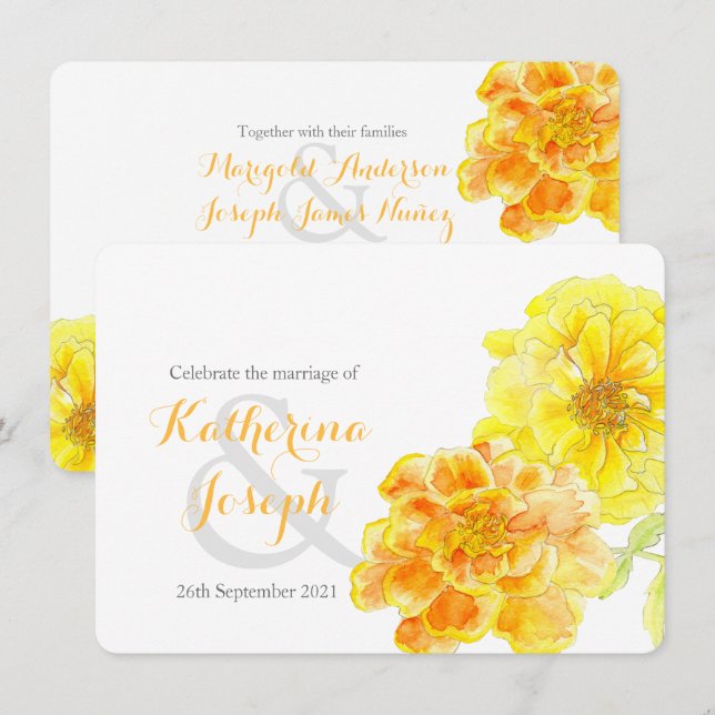 Marigolds Aquarellgelbe Hochzeit einladen Einladung (Vorne/Hinten)