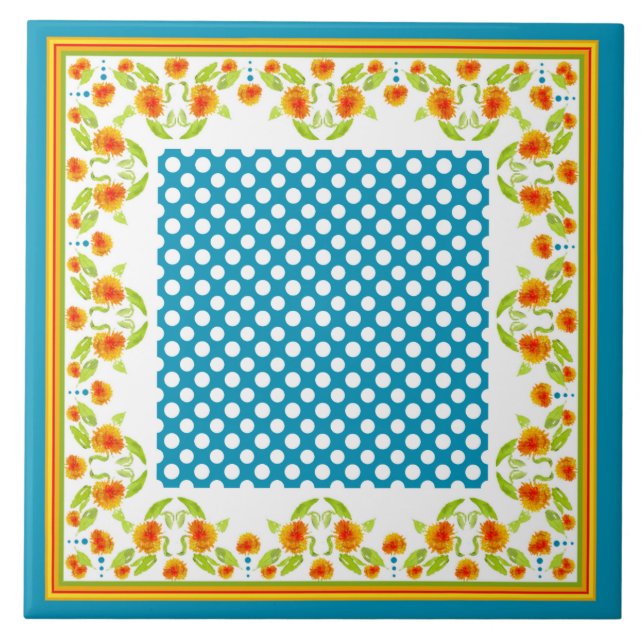 Marigolds Border und Polka Dots Keramik Tile Fliese (Vorderseite)