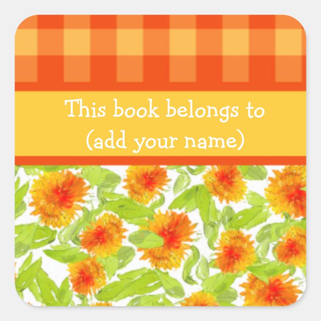 Marigolds und Karo Gingham Sheet von 20 Buchzeiche Quadratischer Aufkleber (Vorderseite)