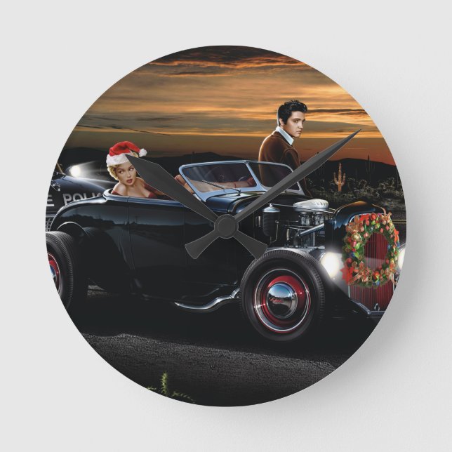 Marilyn und Elvis Christmas Joy Ride Runde Wanduhr (Vorderseite)