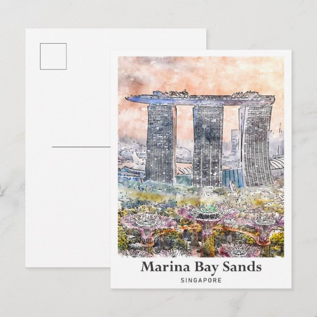 Marina Bay Sands Singapur Reisen Wasserfarbe Postkarte (Vorne/Hinten)