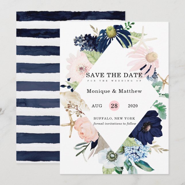 Marina Nautic Blooms Navy Blush Save the Date Einladung (Vorne/Hinten)