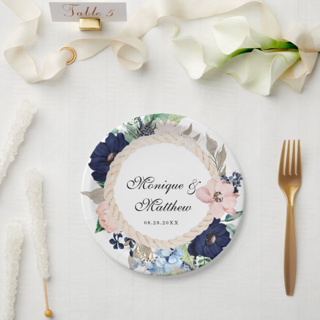 Marina Nautical Bloom Navy Blush Pink Wedding Pappteller (Hochzeit)