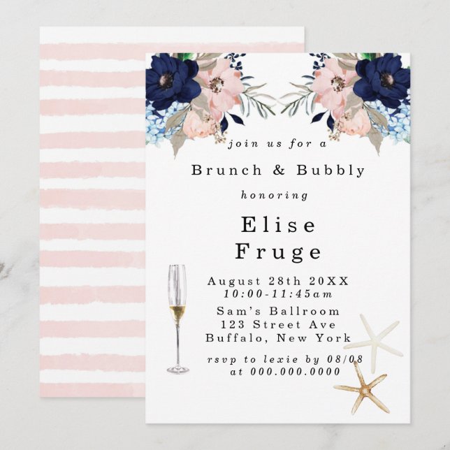 Marina Nautical Blooms Brunch & Bubbly Invitation (Devant / Derrière)