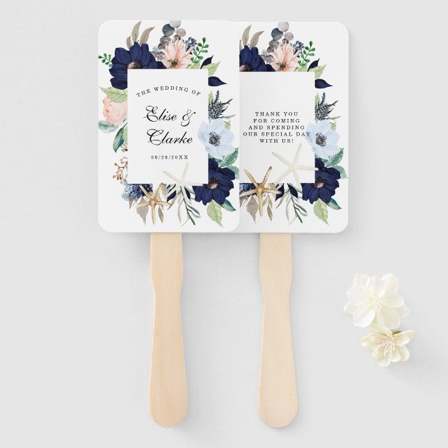 Marina Nautical Blooms Navy Blush Pink Wedding Fächer (Vorne und Hinten)