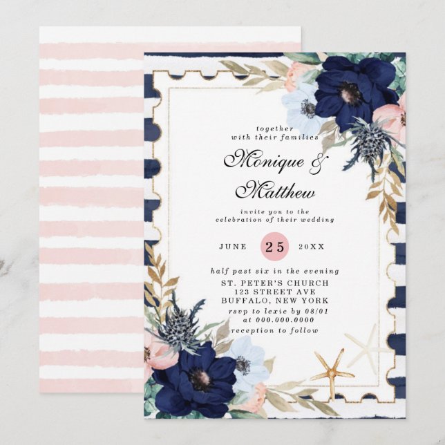Marina Nautical Blooms Navy Blush Pink Wedding Inv Einladung (Vorne/Hinten)