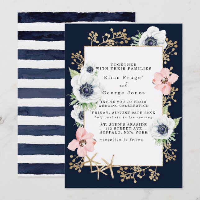 Marina Nautical Blooms Navy Blush Wedding Einladung (Vorne/Hinten)