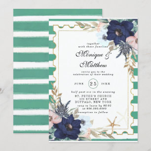 Marina Nautical Blooms Navy Pink Green Wedding Einladung