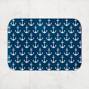 Marinblaue und weiße Bootsanker-Muster Badematte