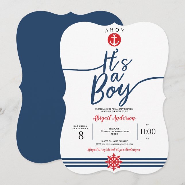 Marine, Ahoy sein a boy, modern, Streifen, Baby Bo Einladung (Vorne/Hinten)