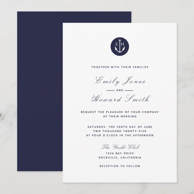 Marine Ancre bleue - Familles Invitations de maria (Devant / Derrière)