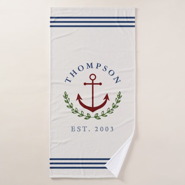 Marine Ancre rouge ivoire couronne Nom de famille  (Serviette de bain)