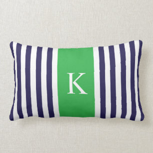 Marine-apfelgrünes Streifen-Monogramm Lendenkissen