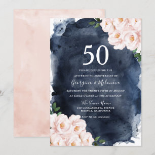 Marine Aquarell-Rosa-Blumen 50. Jubiläum Einladung
