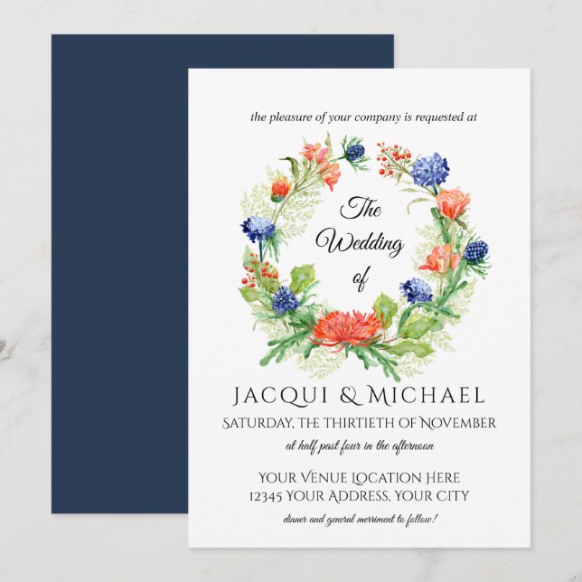 Marine bei Orange Chrysanthemum Thistle Wreath Wed Einladung (Vorne/Hinten)