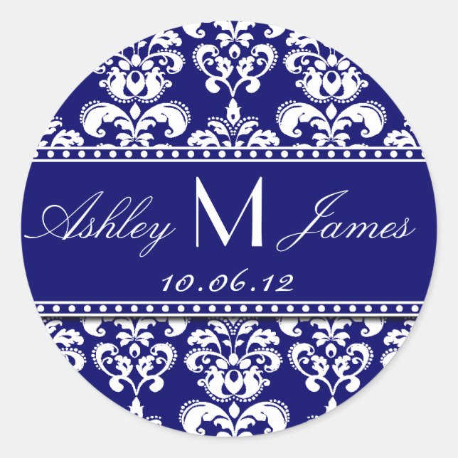 Marine Blanc Monogramme Damask Enregistrer Sticker (Devant)