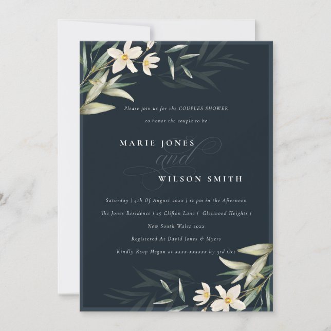 Marine Blanc Vert Floral Couples Invitation douche (Devant)