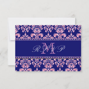 Marine-Blau-Damast-Rosa-Glitzer-Hochzeit UAWG RSVP Karte