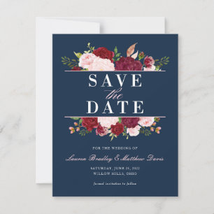Marine-Blau, errötet und BurgunderblumenAquarell Save The Date