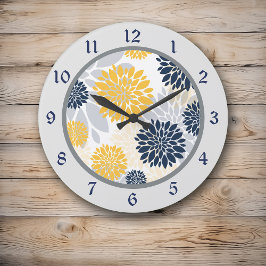 Marine-Blau-Gelb-Blumen-Grafik Große Wanduhr
