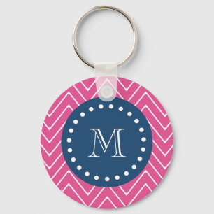 Marine-Blau, heißes Rosa Zickzack   Ihr Monogramm Schlüsselanhänger