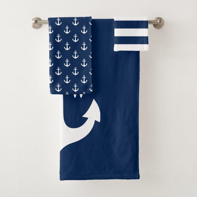 Marine-Blau-klassisches Anker-Monogramm Badhandtuch Set (Insitu)