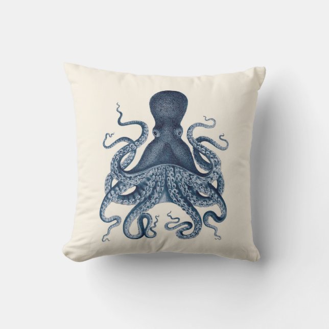Marine-Blau-Kraken-Illustration auf Creme Kissen (Vorderseite)