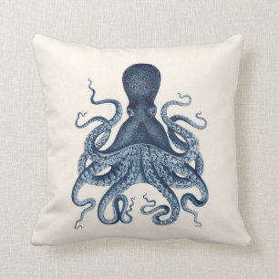Marine-Blau-Kraken-Illustration auf Creme Kissen