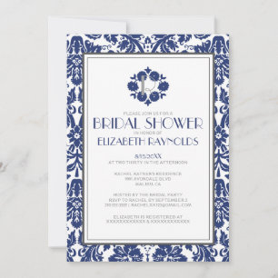 Marine-Blau-Monogramm-Damast-Brautparty-Einladung Einladung