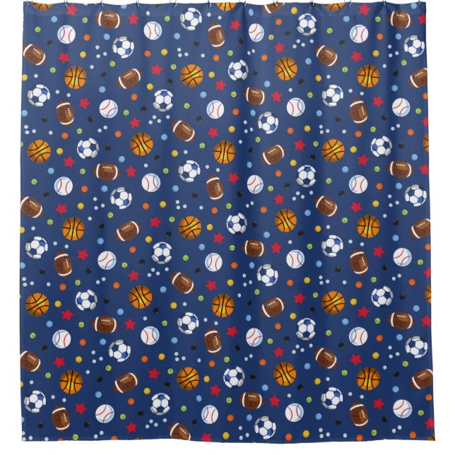 Marine-Blau-multi Sport-Bälle Druckdusche Curtai Duschvorhang (Vorderseite)