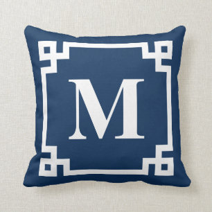 Marine-Blau-Neugriechisch-Schlüssel-Grenzmonogram Kissen