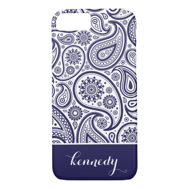 Marine-Blau-Paisleyblumenmuster-Monogramm-Name Case-Mate iPhone Hülle (Rückseite)