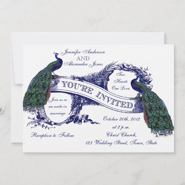 Marine-Blau-Pfau-Vintage Hochzeit Einladung (Vorderseite)
