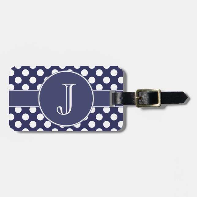Marine-Blau Polka-Punkt mit Monogramm Gepäck-Umbau Gepäckanhänger (Vorderseite horizontal)