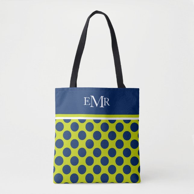 Marine-Blau-Polka-Punkte auf Limonem grünem Tasche (Vorderseite)