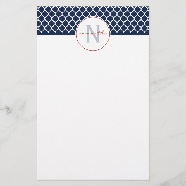 Marine-Blau Quatrefoil Monogramm Briefpapier (Vorderseite)