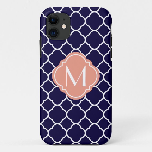 Marine-Blau Quatrefoil Muster mit Monogramm Case-Mate iPhone Hülle (Rückseite)