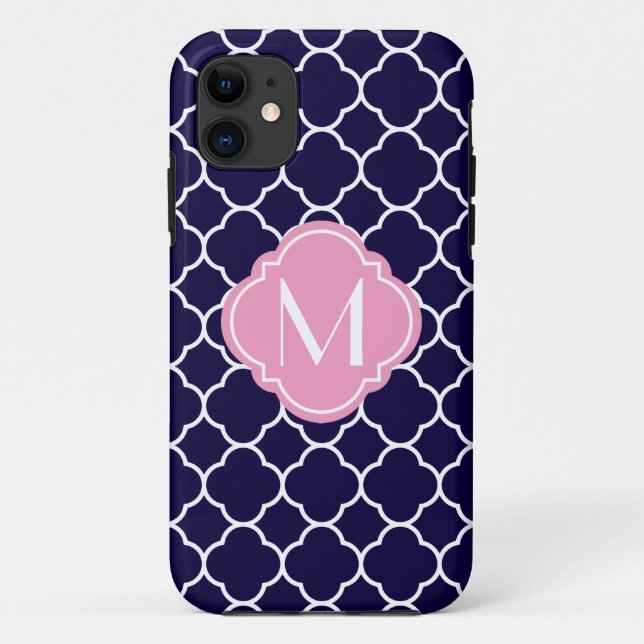 Marine-Blau Quatrefoil Muster mit Monogramm Case-Mate iPhone Hülle (Rückseite)