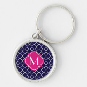 Marine-Blau Quatrefoil Muster mit Monogramm Schlüsselanhänger