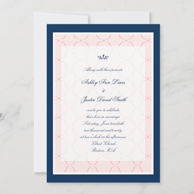 Marine-Blau-Rosa-traditionelle Hochzeits-Einladung Einladung (Vorderseite)